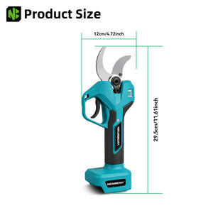 Teal and black gardening pruner with measurement details on a white background