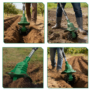 Green gardening tool being used in a field