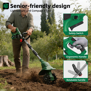 Man using a garden tiller with features highlighted on a green background