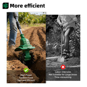 Comparison of a cordless tiller with manual labor in gardening tasks.