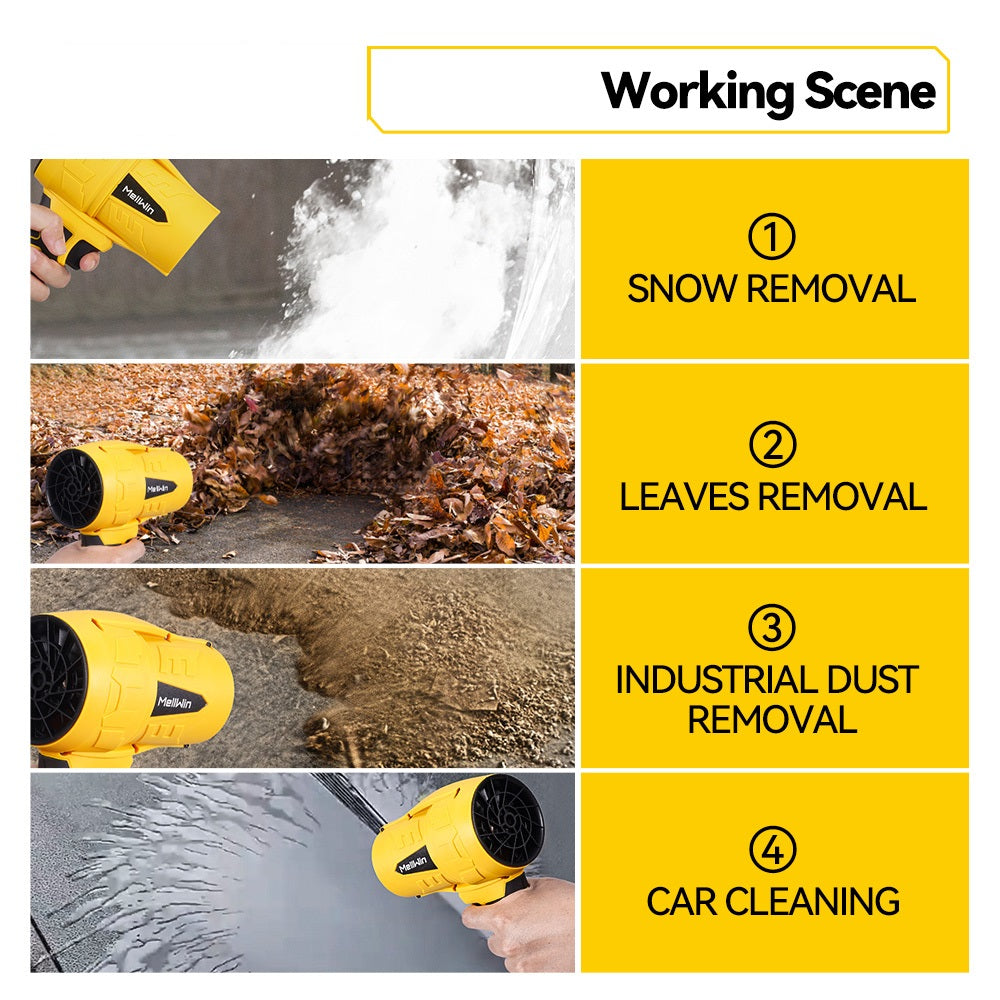 Yellow handheld device being used for snow removal, leaves removal, industrial dust removal, and car cleaning on a yellow background with text labels.