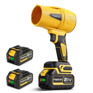 Yellow and black cordless drill with two batteries on a white background