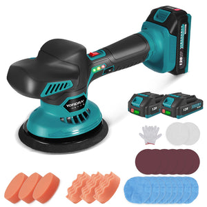 Teal and black power sander with accessories on a white background