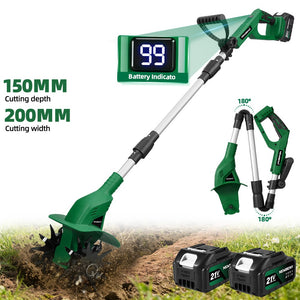 NewBeny 8 inch Cordless Cultivator with battery indicators and attachments on a white background