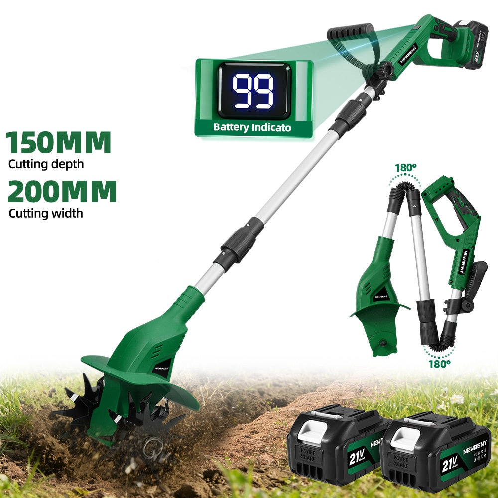 NewBeny 8 inch Cordless Cultivator with battery indicators and attachments on a white background