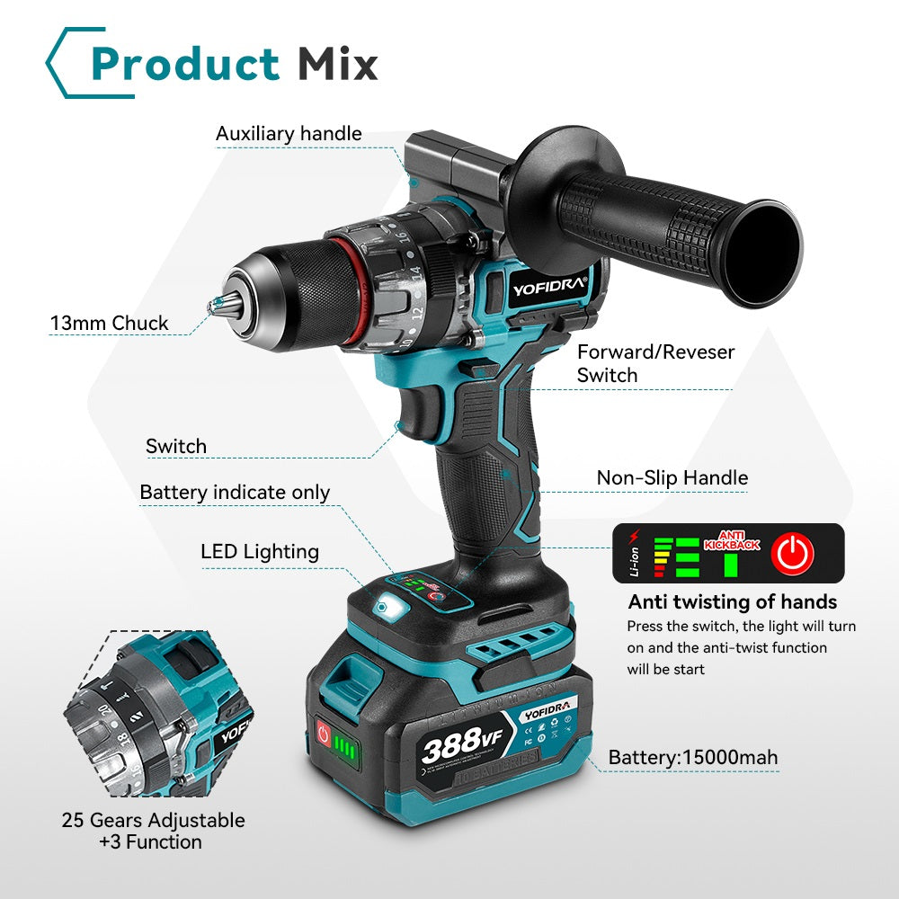 NewBeny 13mm 700N.m Brushless Cordless Impact Drill with 2 Batteries & Charger
