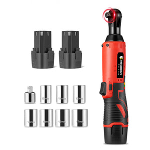 A red and black NewBeny cordless ratchet wrench with a 3/8 inch drive size, displayed alongside two black batteries, a charger, and eight silver socket attachments.
