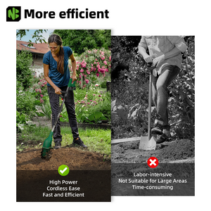 Comparison of manual digging with a power tool in a garden setting.