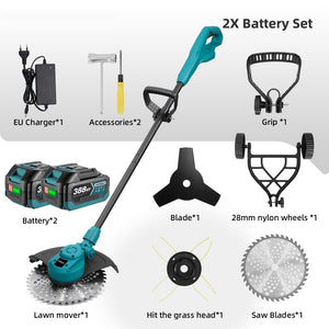 Components of a lawn mower with accessories on a white background