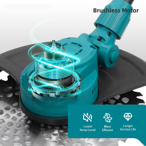 Teal brushless motor with glowing internals on a metallic surface.