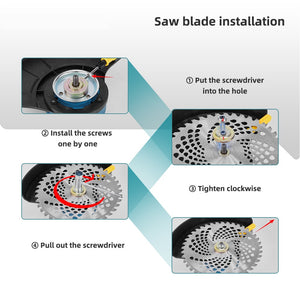 Step-by-step guide on installing a saw blade with diagrams and text.