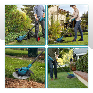Person using a string trimmer in a garden setting.