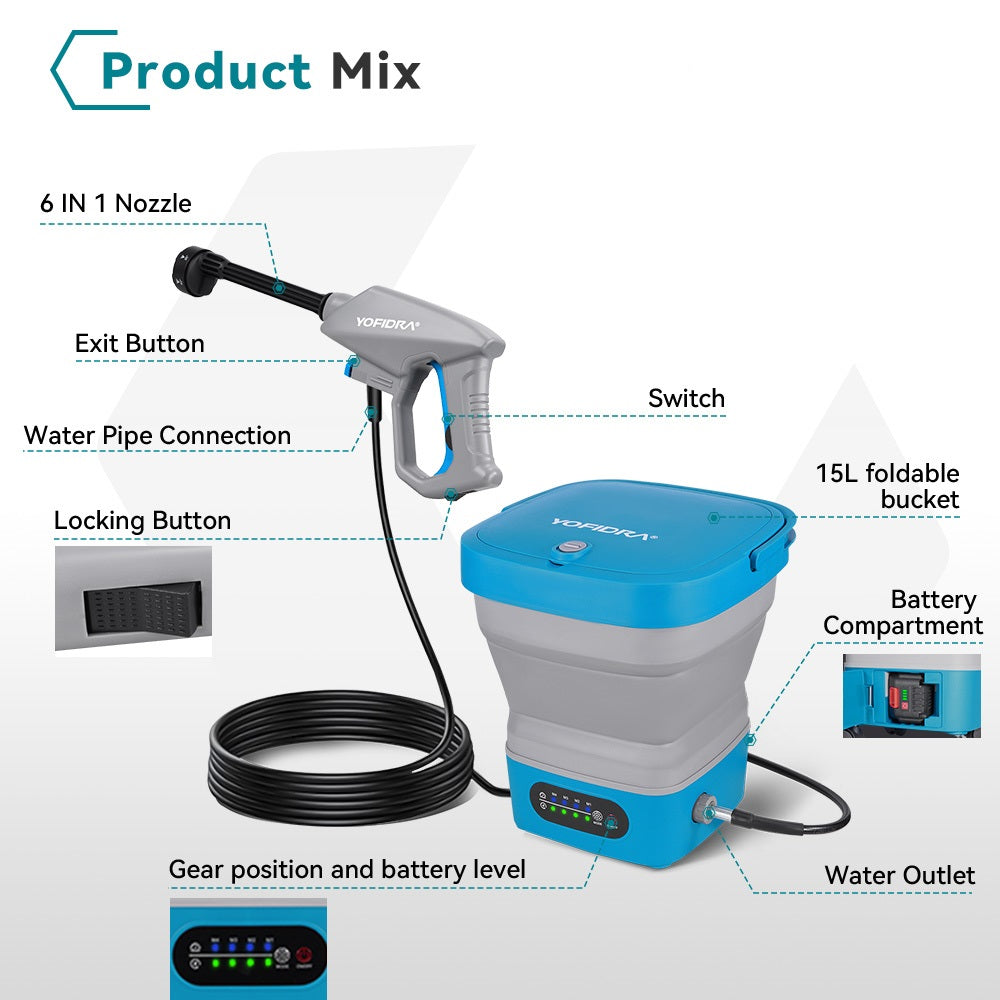 Portable water pump with labeled parts on a white background
