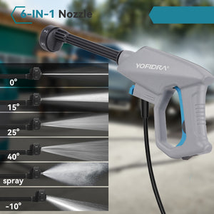 YOFIDRA pressure washer nozzle with spray pattern illustration on a blurred outdoor background
