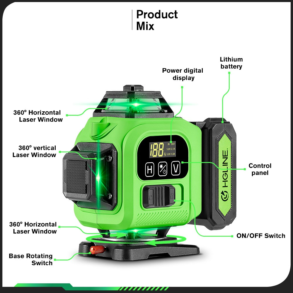 HGLINE 6271 Cordless 16 Lines Laser Level with 6000mAh Battery & 150cm Tripod