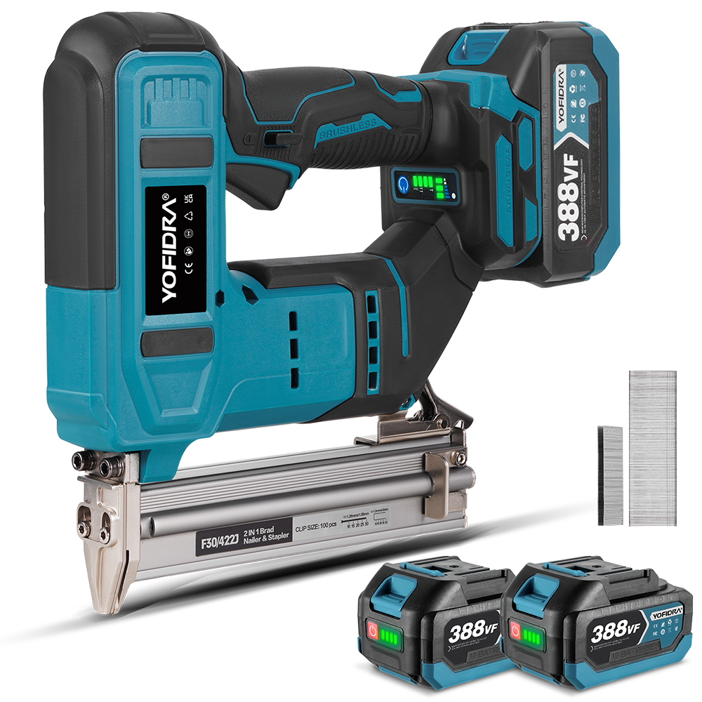 YOFIDA nail gun with batteries and nails on a white background