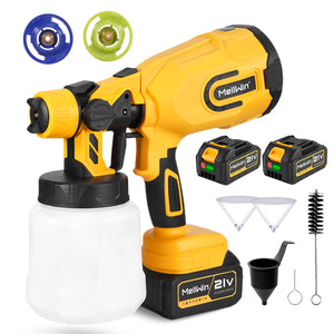 Yellow and black paint sprayer with accessories on a white background