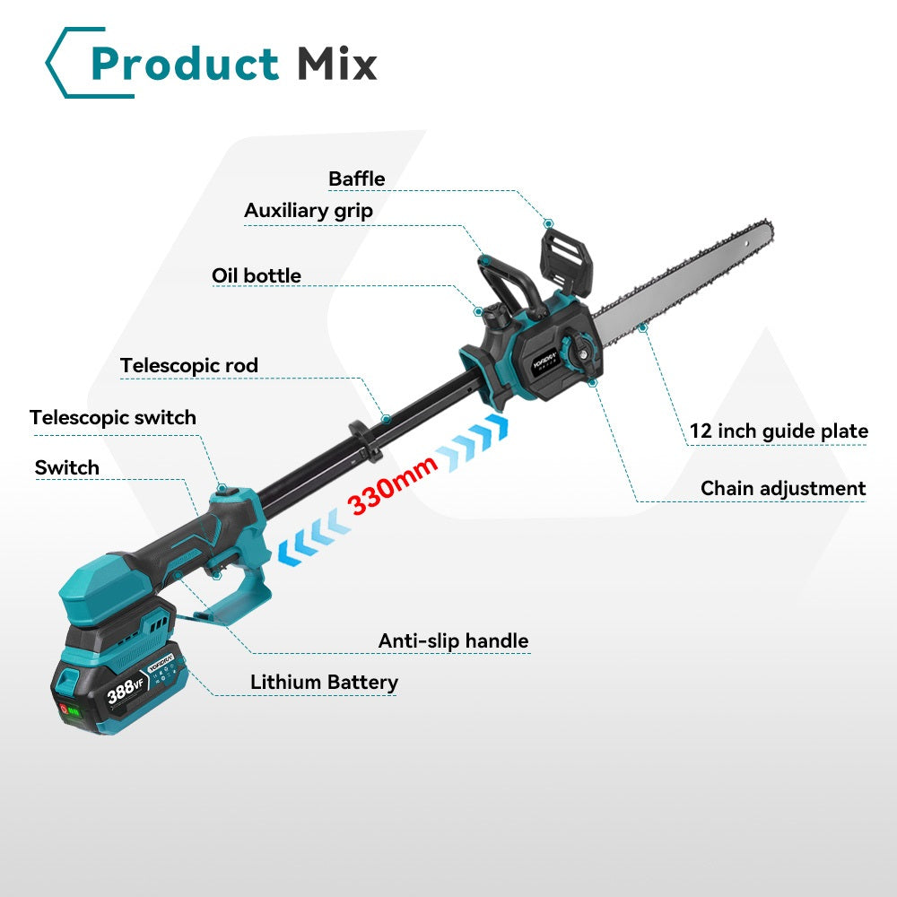 NewBeny 12 Inch Brushless Telescopic Pole Chainsaw Cordless Tree Pruner For Makita 18V Battery