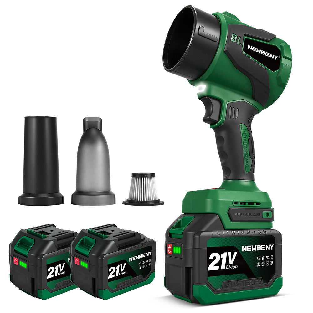 Green and black power tool with attachments on a white background
