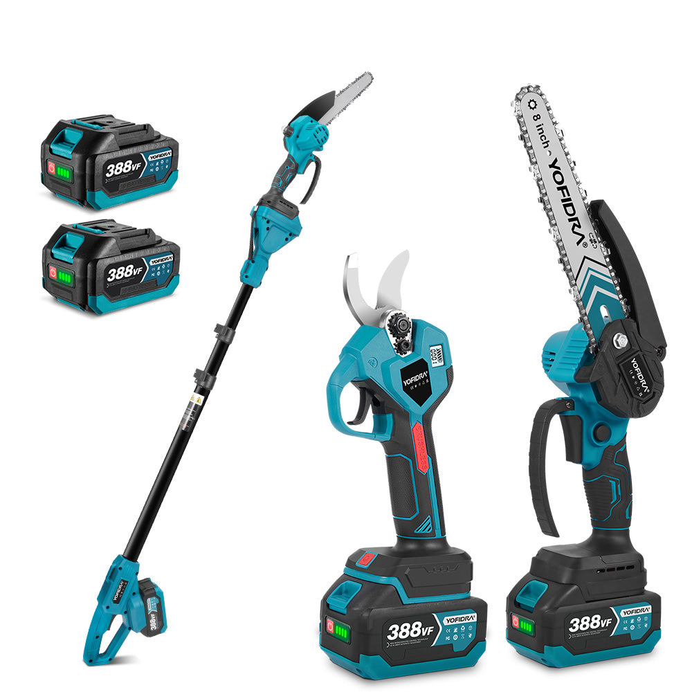 NewBeny Cordless 8" Chainsaw & 32mm Pruning Shears & 1.7m High Pole Combo Kit With 2 Batteries and Charger