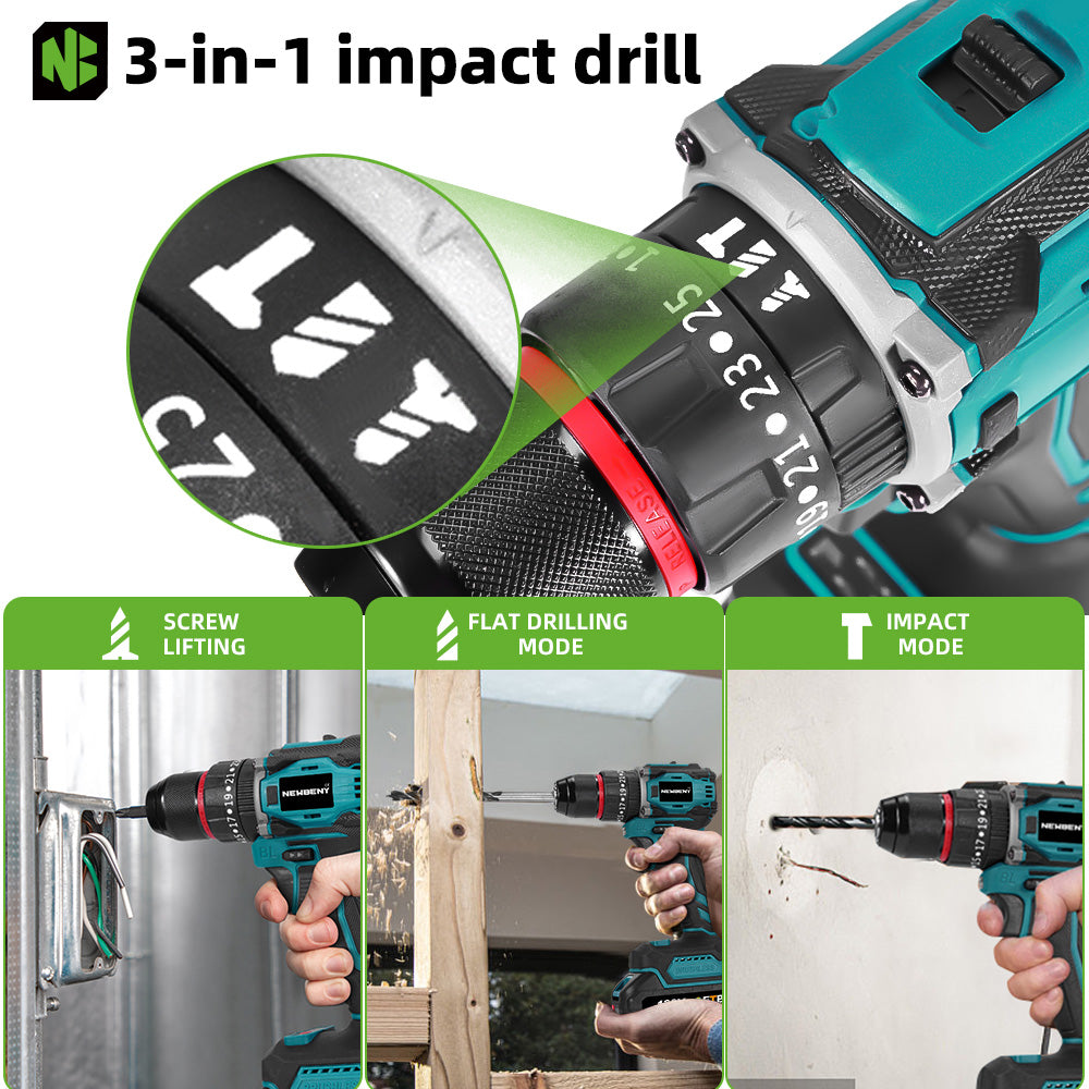 NewBeny Brushless Cordless Drill Kit – 2 Batteries, 30/22 Accessories, Charger & Case