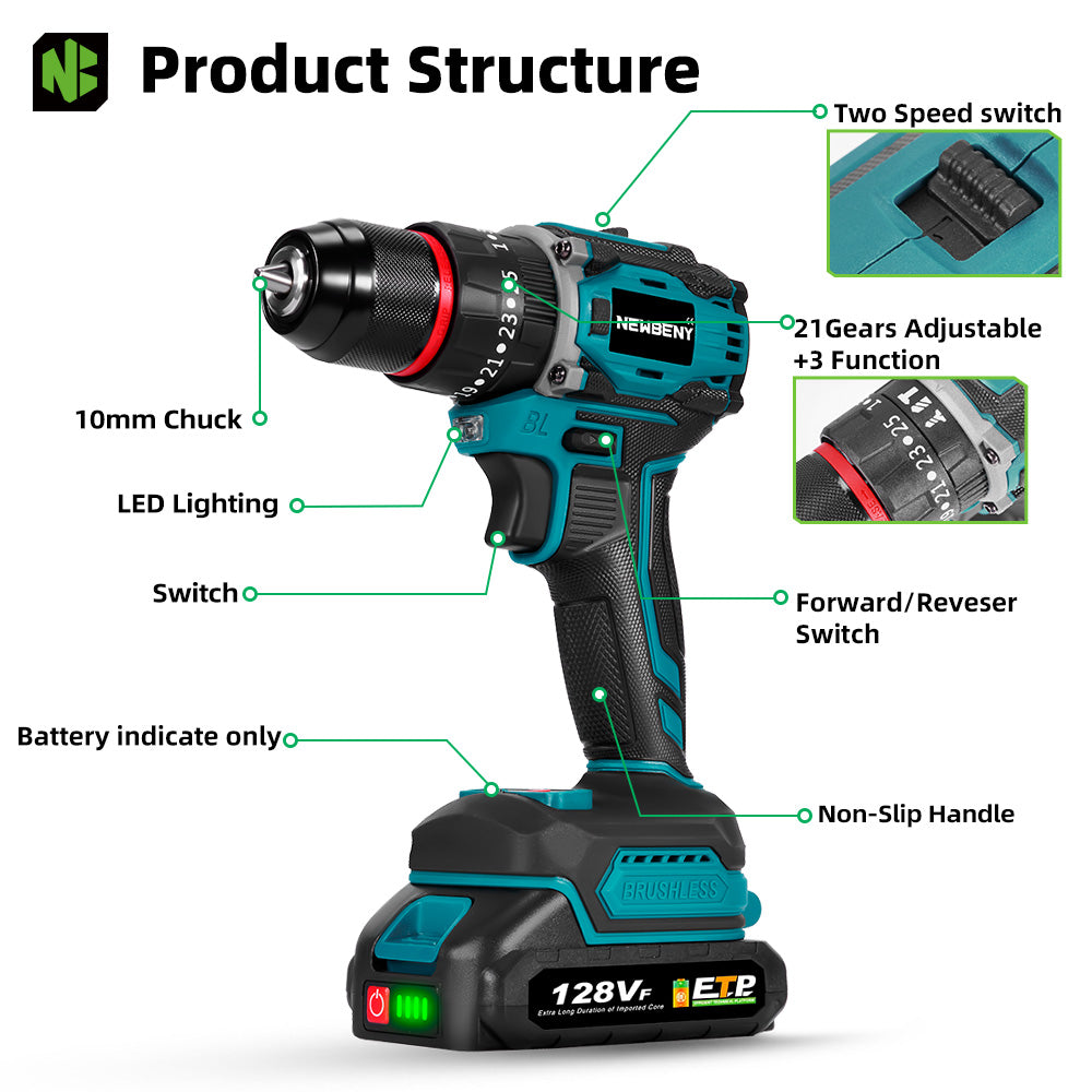 NewBeny Brushless Cordless Drill Kit – 2 Batteries, 30 Accessories, Charger & Case