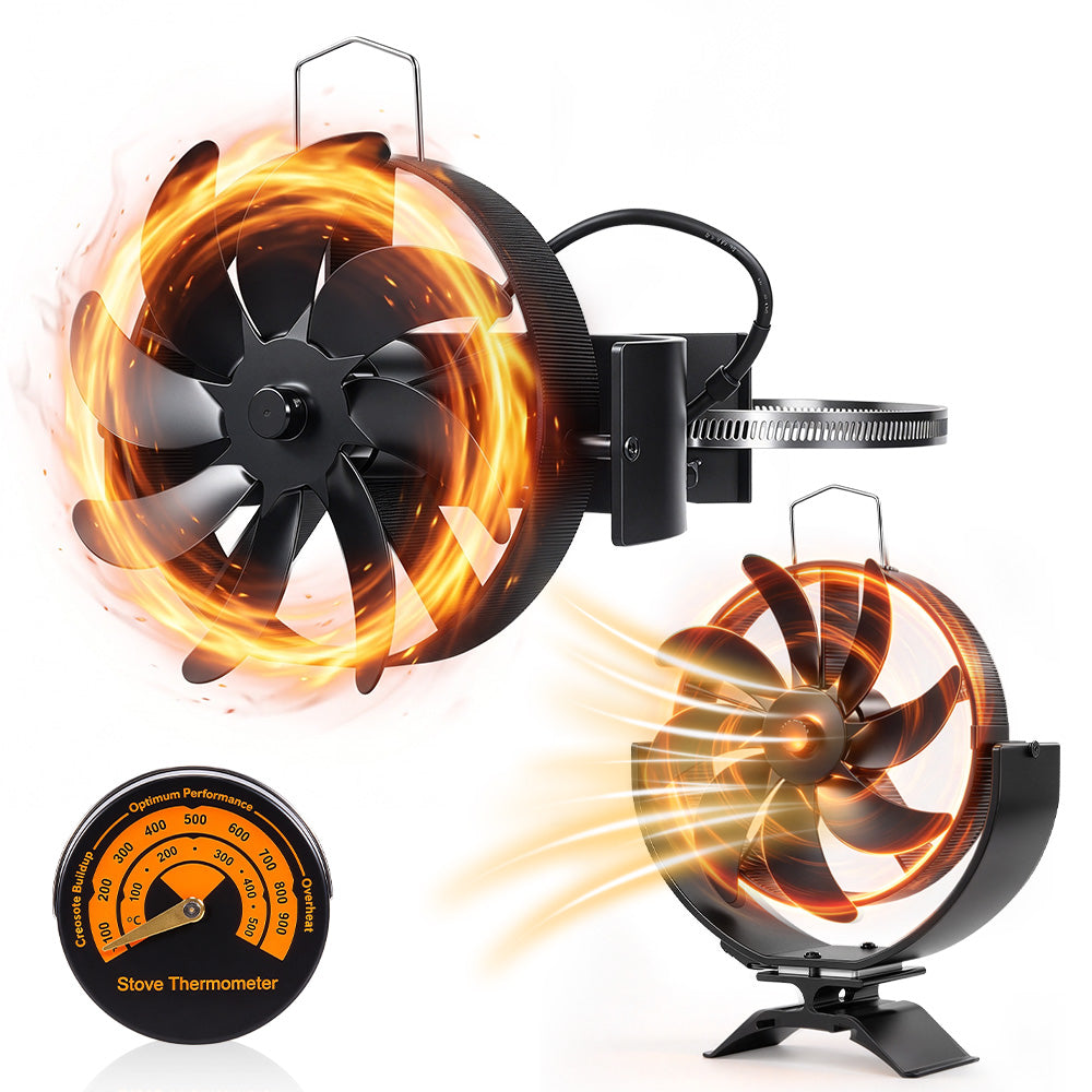 Ventilateur de cheminée double face NewBeny à 16 pales avec thermomètre et brûleur à bûches alimenté par la chaleur