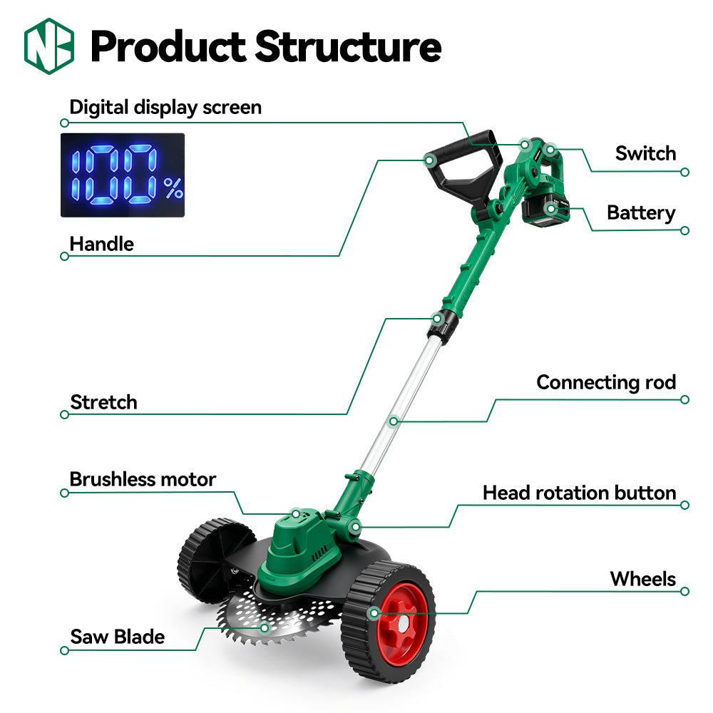 NewBeny 8 Inch Brushless Cordless Grass Trimmer with LED Power Display, Adjustable Handle & Grip