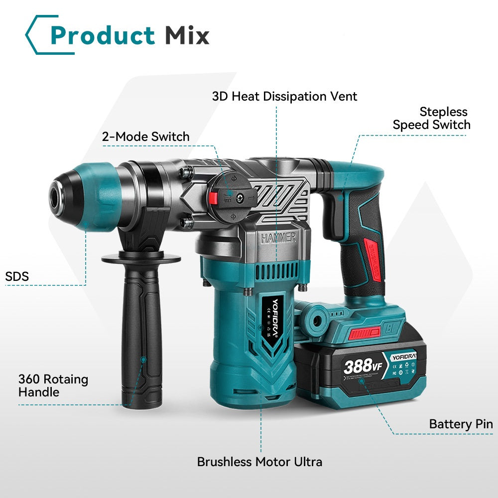 Hammer drill with labeled features on a white background