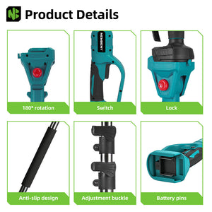 Gardening tool with labeled features on a white background