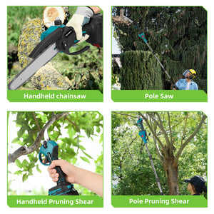 Set of gardening tools including a handheld chainsaw, pole saw, handheld pruning shear, and pole pruning shear with people using them in various scenarios.