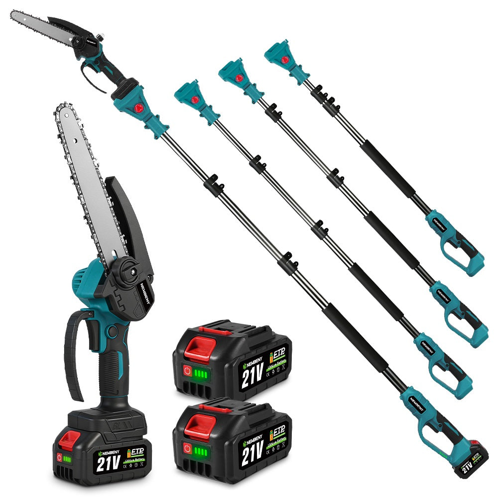 Electric pole saw set with multiple extension poles and batteries on a white background