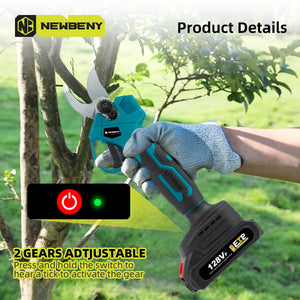 Close-up of cordless electric pruning tools cutting small tree limbs outdoors