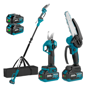 NewBeny cordless chainsaw, pruning shears and high pole combo kit with 2 batteries and charger on white background