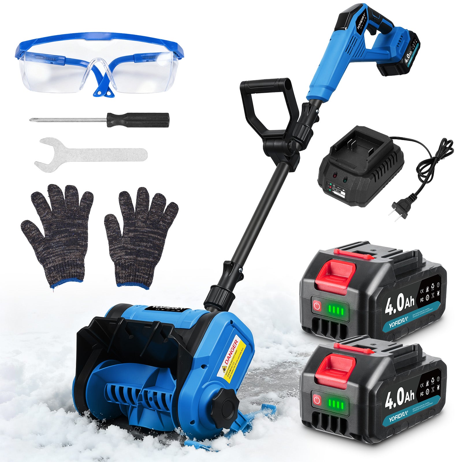 Cordless Snow Shovel set with goggles, gloves, and batteries on a snowy background