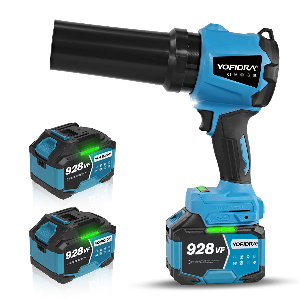 Blue and black cordless leaf blower with two batteries on a white background