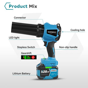 Blue and black cordless turbo blower with labeled features background