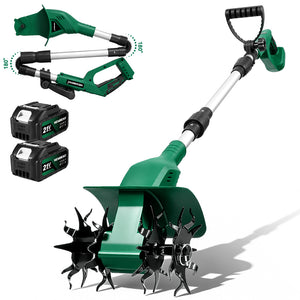 Green and silver cordless tiller with a black mulching attachment, shown on a white background with two black  lithium-ion batteries and an inset showing the trimmer head angle.
