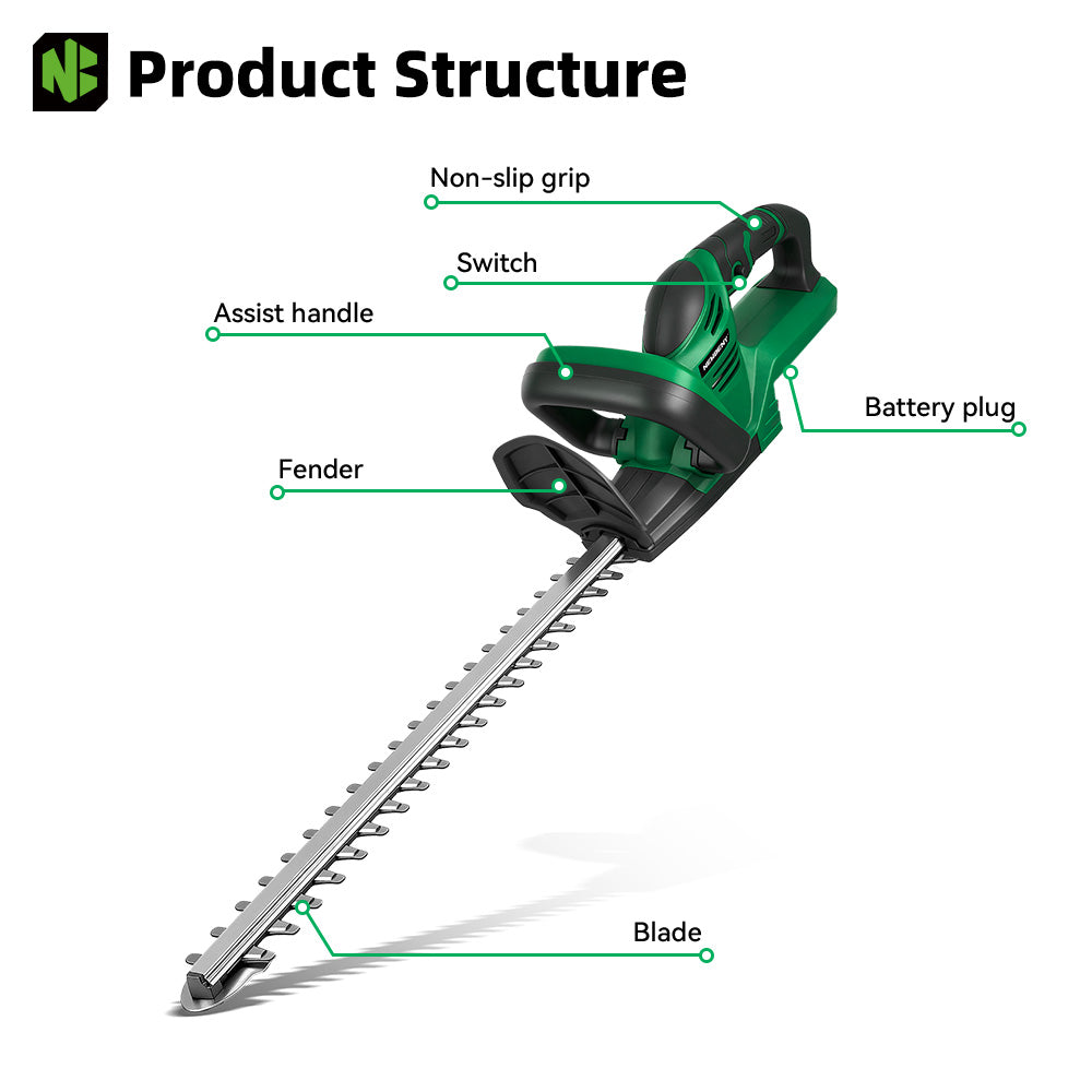 Newbeny's hedge trimmer with labeled parts on a white background