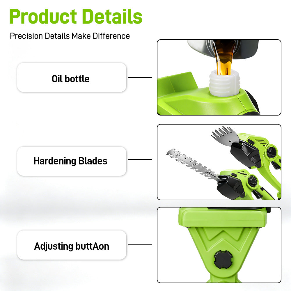 Product details infographic for a green and black cordless hedge trimmer. The graphic features three labeled callouts: 'Oil bottle' showing a bottle pouring oil into the product's reservoir, 'Hardening Blades' showing the hedge trimmer with an attached metal blade attachment, and 'Adjusting buttAon' showing a close-up of the green triangular body with a black adjustment dial.
