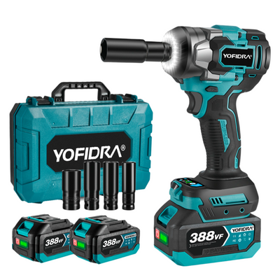 A set of cordless impact wrenches with interchangeable sockets, showing the product along with its batteries and a carrying case, labeled with the brand YOVIDRA.