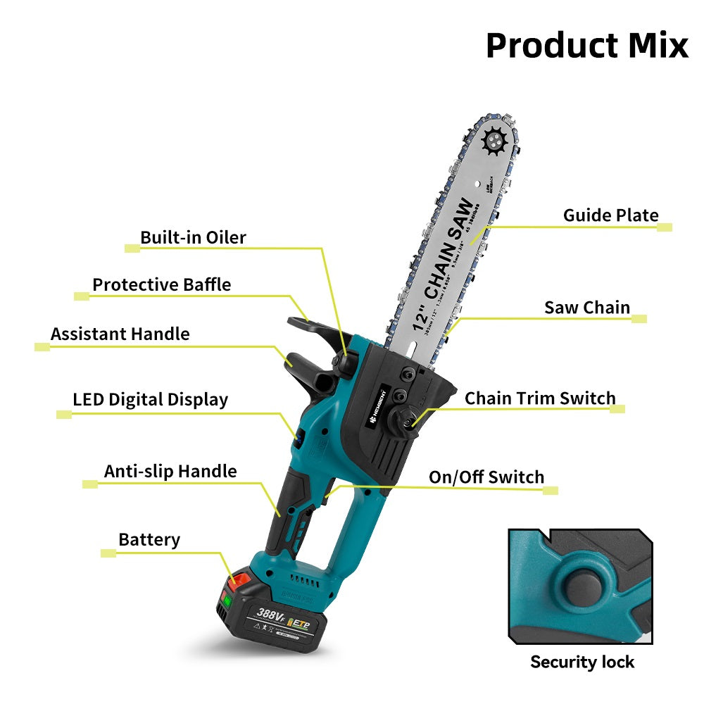 NewBeny 12 Inch Brushless Electric Cordless Chain Saw With Oiler For Makita 18V Battery