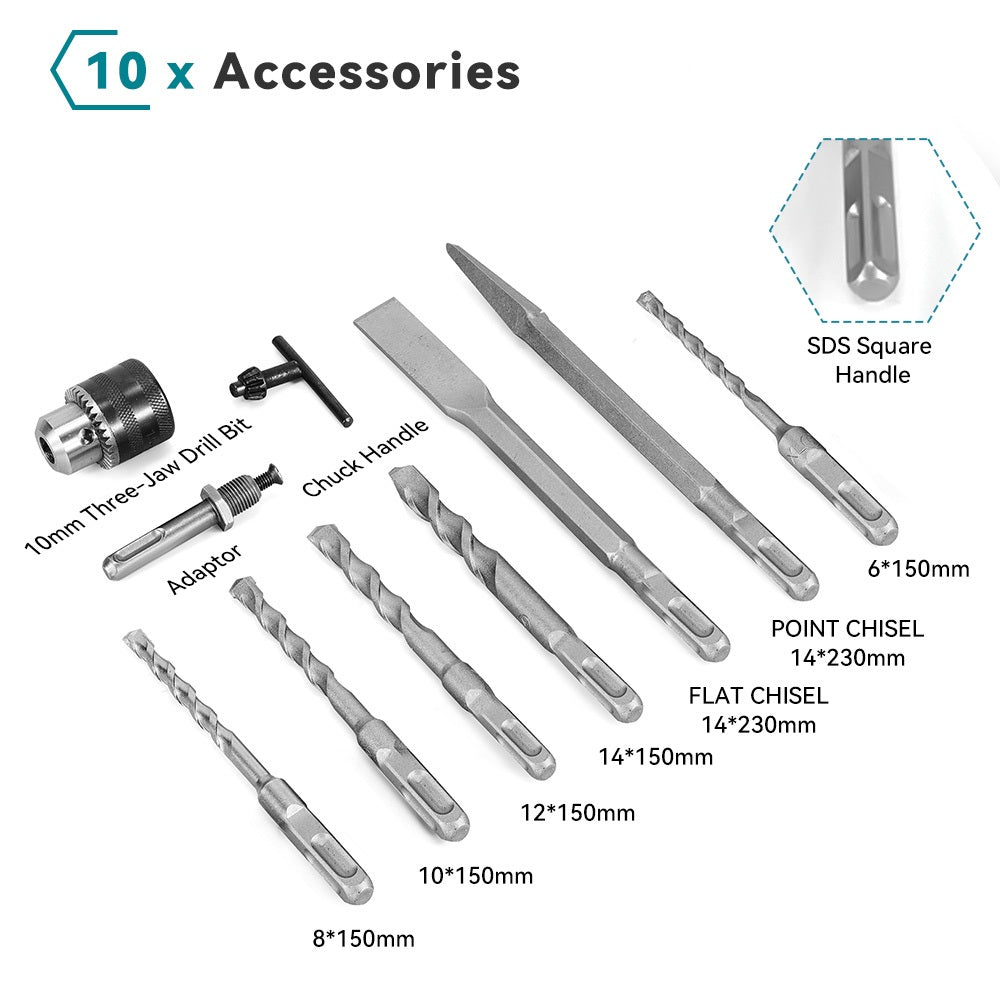 NewBeny 10PCS Square-Shank Drill Bit Accessory Set for 26mm SDS-Plus Rotary Hammer Drill 7228