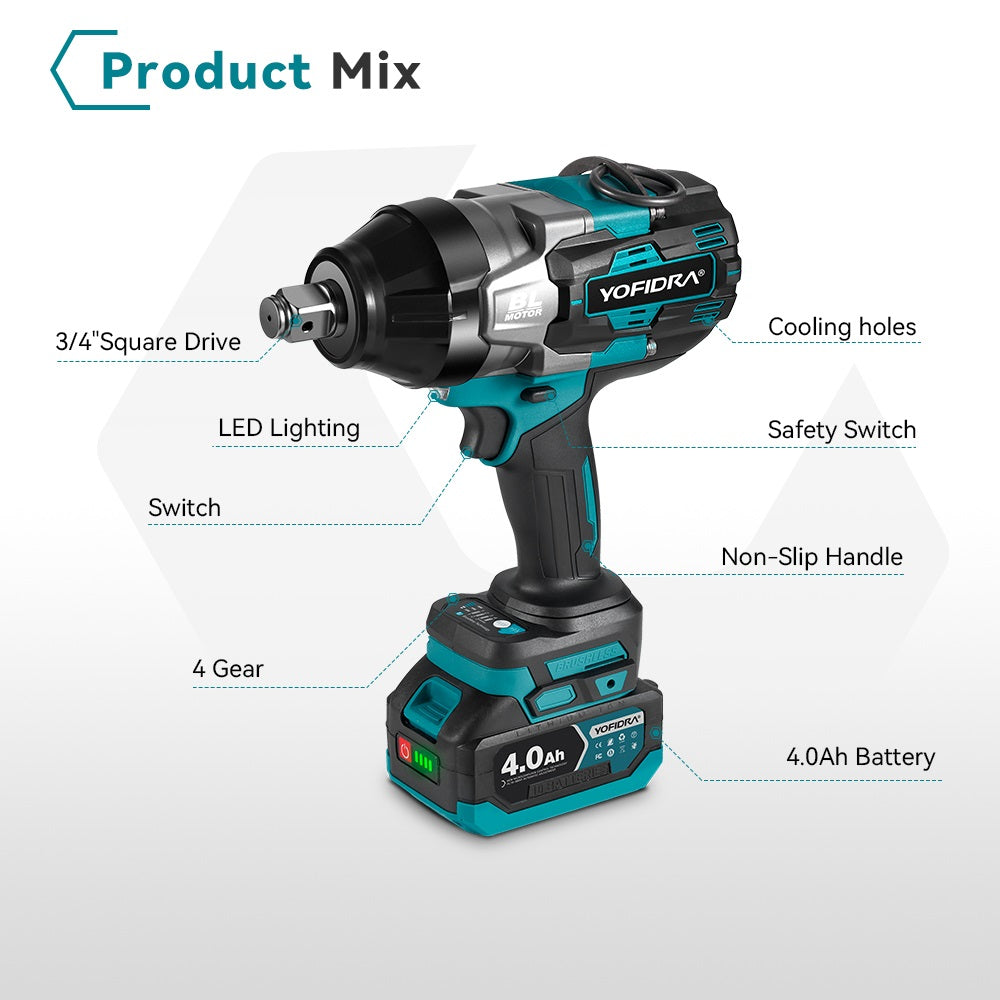 NewBeny 3/4" 3300N.M Brushless Cordless Impact Wrench with 4.0Ah Battery