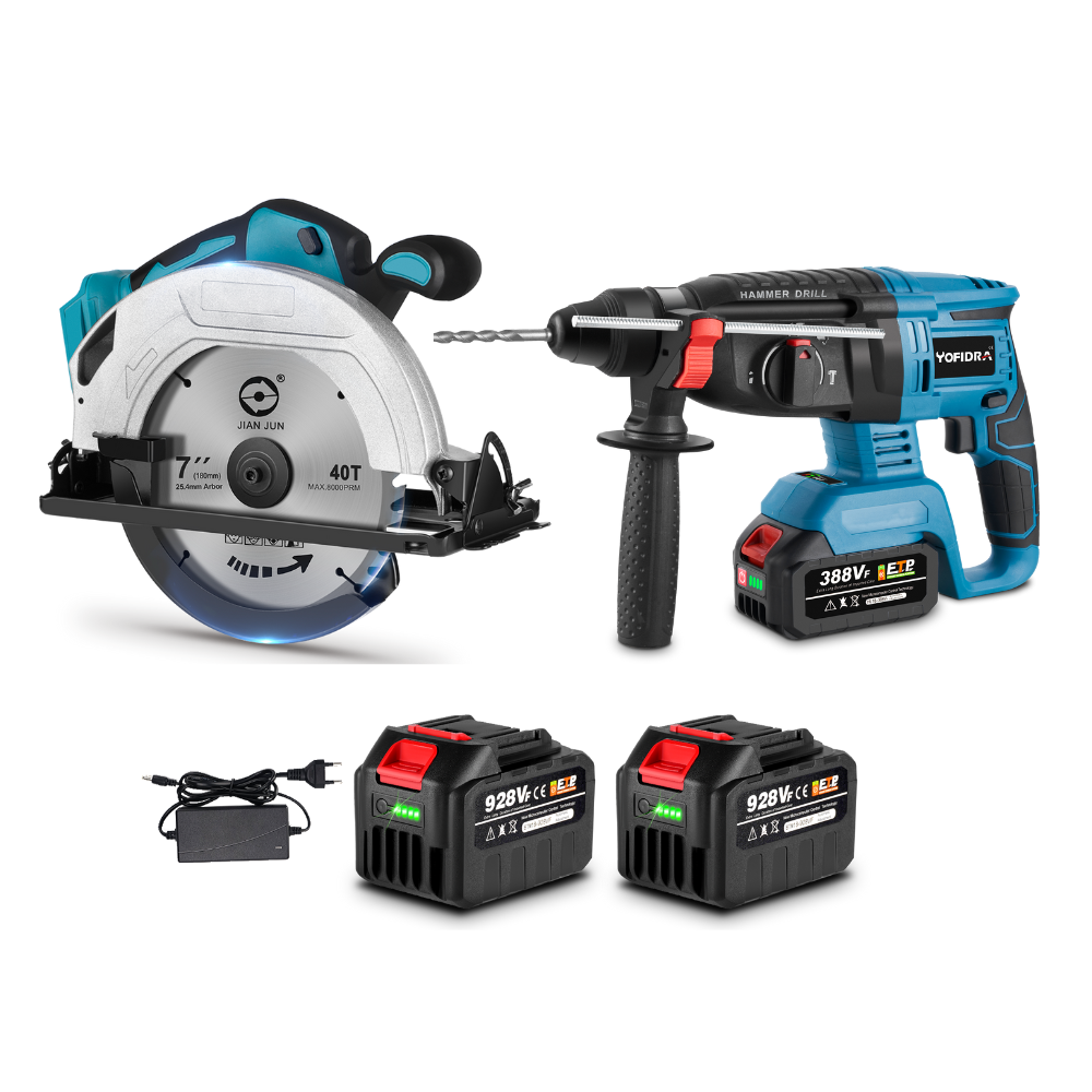 NewBeny Cordless 7" Circular Saw & 26mm Hammer Drill Combo Kit With 2 Batteries and Charger