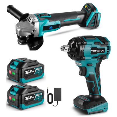 NewBeny 1000N.m Cordless Impact Wrench & Angle Grinder Combo Kit With 2 Batteries and Charger