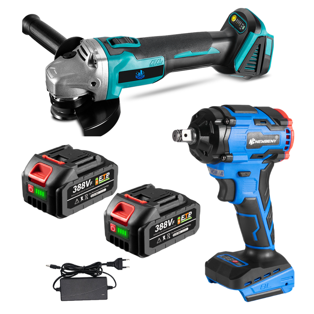 NewBeny 1000N.m Cordless Impact Wrench & Angle Grinder Combo Kit With 2 Batteries and Charger