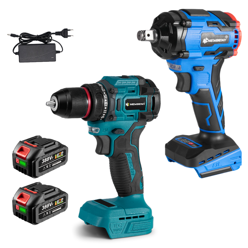 NewBeny 1000N.m Cordless Impact Wrench & 10mm Drill Combo Kit With 2 Batteries and Charger