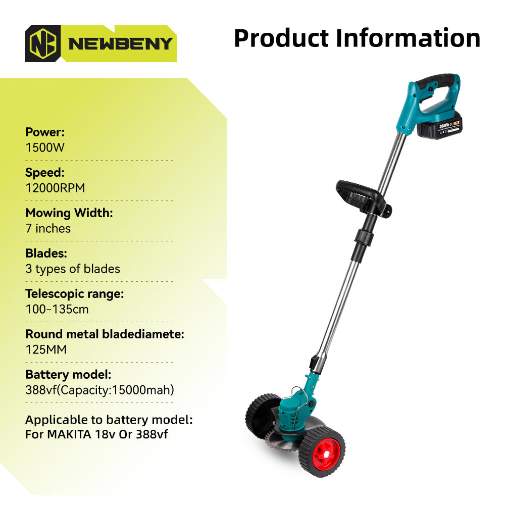 NewBeny 3000W Cordless Grass Trimmer Foldable Lawn Mower For Makita 18V Battery