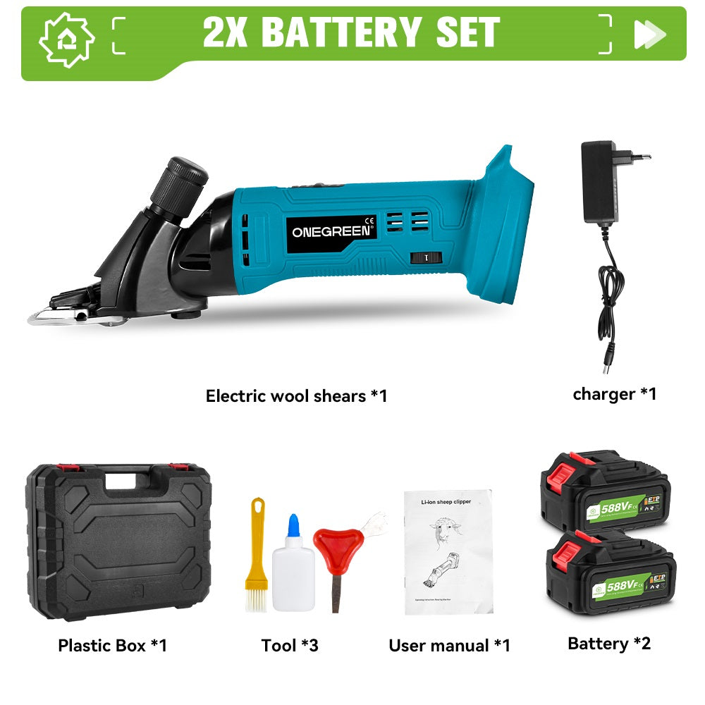 OneGreen electric wool shears set with battery, charger, and accessories on a white background